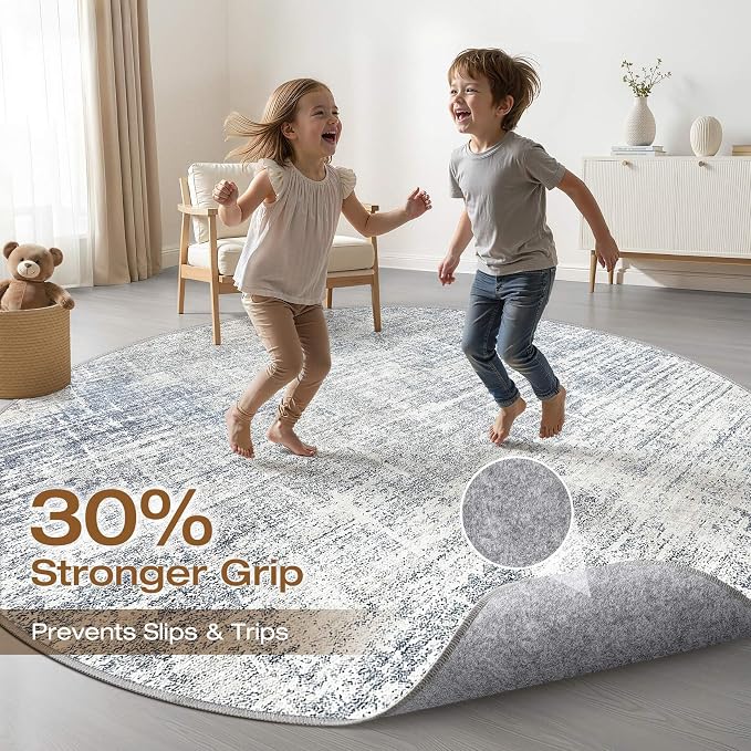 LOONGRUG Round Rug 7x7 Washable Neutral Modern Rug for Living Room Blue | Circle Large Abstract Soft Stain Resistant Indoor Non-Slip Carpet for Bedroom Nursery Kids Office Playroom Dining Room