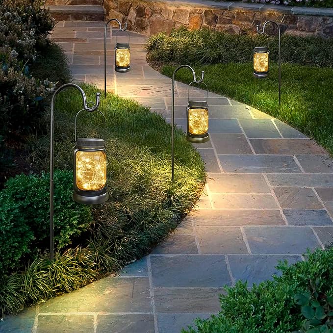 Mlambert 4 Pack Solar Hanging Lantern with Stakes, Outdoor Waterproof Solar Mason Jar Fairy String Lights Decorative Vintage Glass Lamp-Warm White