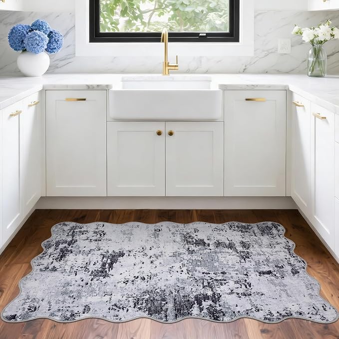 ROYHOME Modern Abstract Scalloped 2x3 Area Rug Non Slip, Grey | Non Shedding Low Pile Stain Resistant Rug for Entryway Kitchen Bedroom