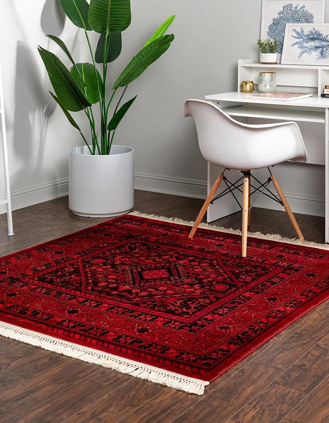 Unique Loom Tekke Collection Area Rug - Sheibani (4' 1" Square, Red/ Black)