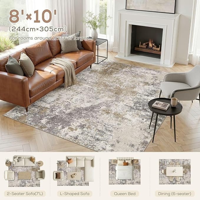 Nakagishi 8X10 Abstract Washable Area Rugs for Living Room-Brown Grey | Modern Non-Slip Silicone Backing Low Pile Soft Carpet for Bedroom Dining Decor for Families with Kids and Pets