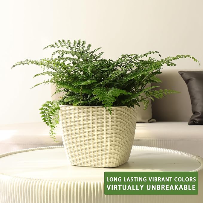 Dexceder 11x10 Self Watering Planter (Ivory White Rattan) | Inner Mat Design, Thickened Table Flower Plant Pot with Water Level Indicator Indoor Outdoor