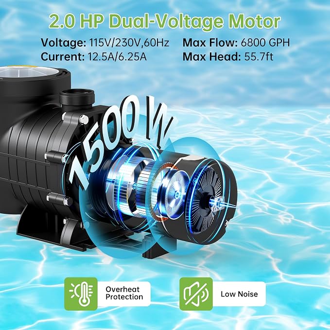 Real Relax 2.0 HP 6800GPH Powerful Dual Voltage Pool Pump | Self-Priming Swimming Pool Pump with Strainer Basket,1.5", 2", and 1.25"-1.5" Connectors, for Inground & Above Ground Pools