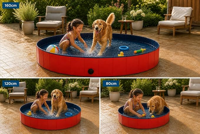 lionto Foldable Dog Pool Made of Scratch-Resistant PVC Material, Ø 62,9 in, Height 11,8 in, Anti-Slip Coating & Drain Plug for Quick Emptying, no Pump Required, Robust Children's Pool, Blue/red