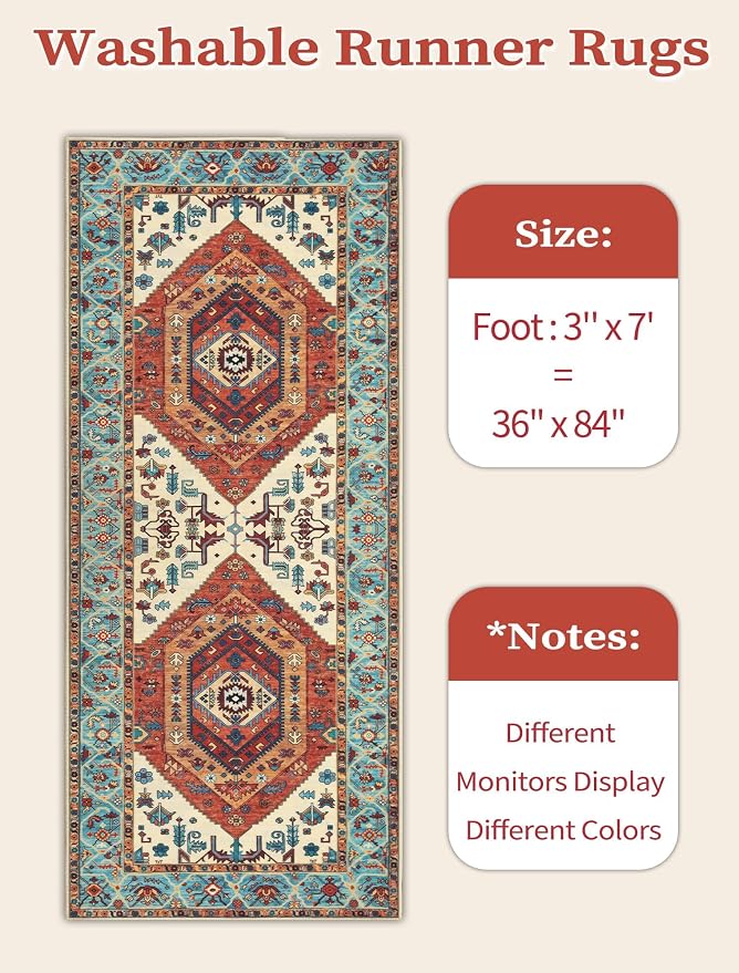 SERISSA 3x7 Washable Non Slip Boho Runner Rug for Hallway，Orange | Ultra Soft Vintage Oriental Carpet Low-Pile Distressed Tribal Floor Carpet for Kitchen Bedroom Entryway Laundry Room