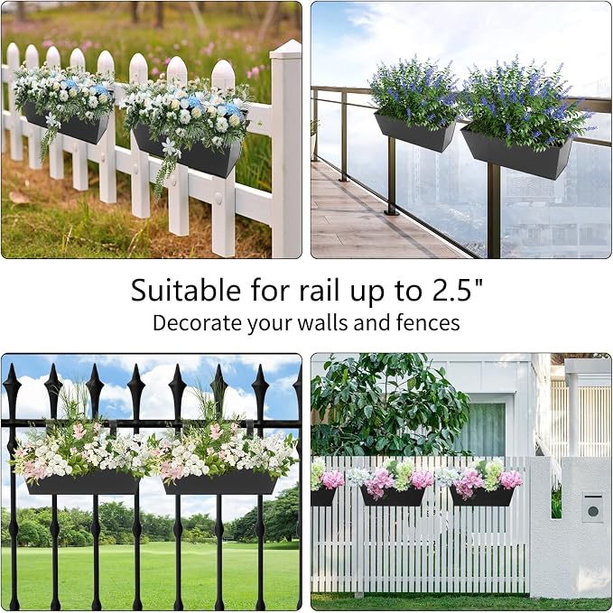 Railing Planters Outdoor Balcony 16 Inch Deck Over The Railing Planter Boxes Hanging Planters for Fence Flower 5 Pcs (Black)