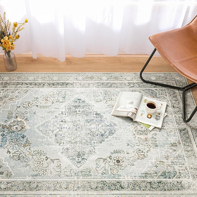 Phantoscope Washable Area Rug 5'x7' Non-Slip, Vintage Neutral Rugs for Living Room, Bedroom, Dining Room, Distressed Boho Medallion Pattern, Low-Pile Foldable Floor Carpet, Silver Grey/Taupe