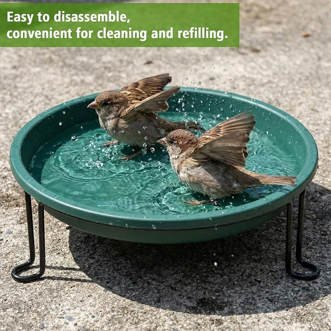 14.37'' Ground Bird Bath for Outside Large Bird Bath Bowl for Patio Garden or Deck Floor Standing Black Steel Wire Stand with Dish Outdoor Feeder Water(Green)