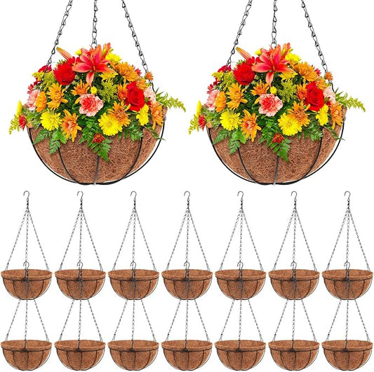 Dandat 16 Pack 10 Inch Metal Hanging Planter Basket with Coconut Coir Liner Metal Wire Plant Holder Chain Watering Outdoor Hanging Pots Flower Pot Hanger for Porch Indoor Outdoor Garden Decorations