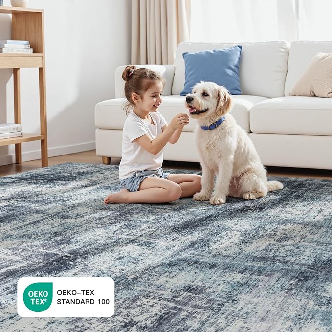 9x12 Area Rug for Living Room, Abstract Washable Non-Slip Large Rugs, Blue | Soft Neutral Carpet for Bedroom, Dining Room, Home Office Nursery Indoor, Stain Resistant, Non-Slip, Low Pile Modern Rug