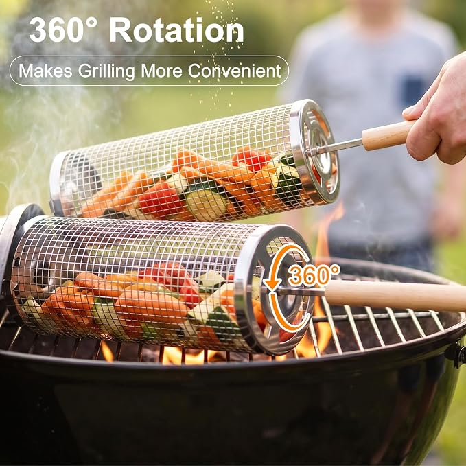 Rolling Grill Baskets 2PCS, Removable Wooden Handle 304 Stainless Steel Nesting BBQ Tools Outdoor Camping Grilling Accessories Tools for Vegetables Meat Food, Birthday Gifts for Men Husband