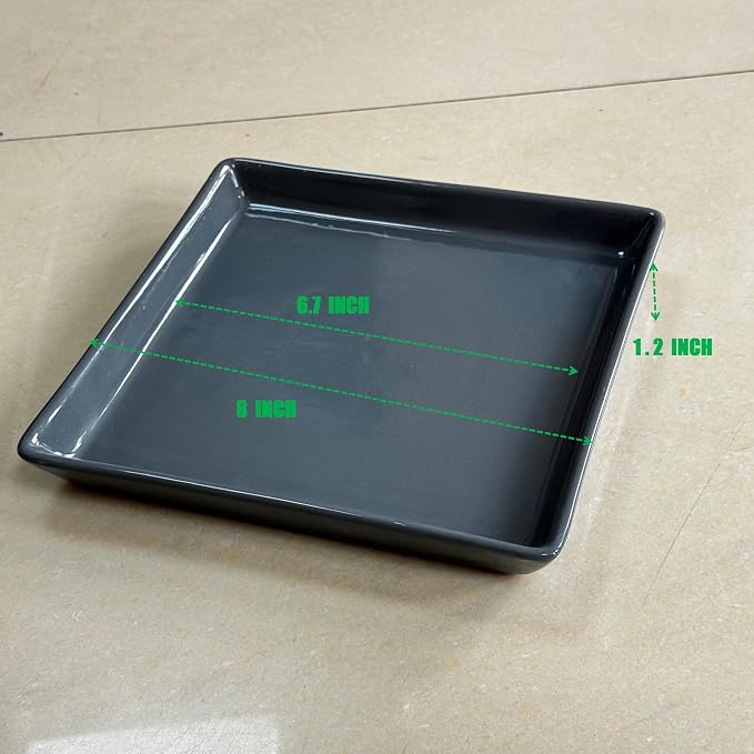 Square Ceramic Plant Saucer Tray 2 Pcs 6 7 8 Inch Grey, 8" OD x6.7 ID x1.2 Deep, Sturdy Heavy Duty Glazed Planter Drip Flower pots with Catch Basin for Indoor Outdoor Plants(8" Grey)