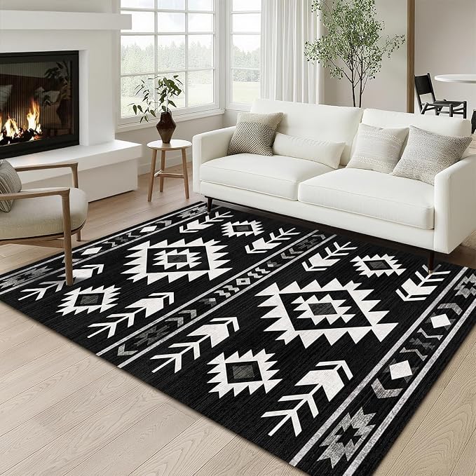 Western Area Rug 4x6 for Living Room, Southwestern Aztec Tribal Area Rugs Southwest Navajo Machine Washable Rug Non-Slip Printed Low-Pile Floor Carpet for Bedroom Dining Room Office, Black