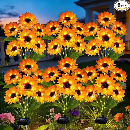 Solar Garden Lights Outdoor, 6 Pack Solar Sunflower Lights with 36 Head 3.5 Inch Flowers, Waterproof Flowers Light Fall Thanksgiving Decorations for Garden Yard Patio Backyard, Gifts for Mom Women