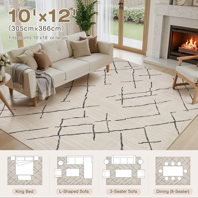 kakania Washable 10x12 Area Rug for Living Room: Boho Geometry Home Decor | Soft Stain Resistant, Low-Pile, Non-Slip, Pet & Kid Friendly, Thin Rug for Bedroom/Dining Room/Kids Dorm - Beige