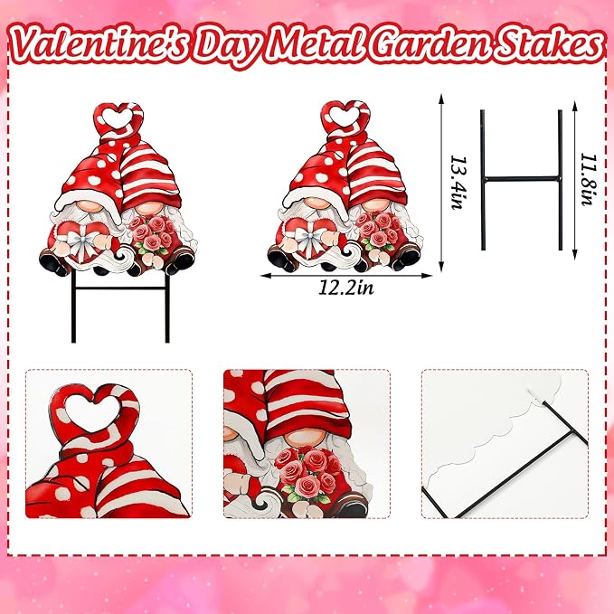 JarThenaAMCS Valentine' s Day Metal Garden Stake Welcome Yard Sign Red Love Gnome Decorative Lawn Sign for Wedding Anniversary Home Outside Lawn Porch Walkway Decor