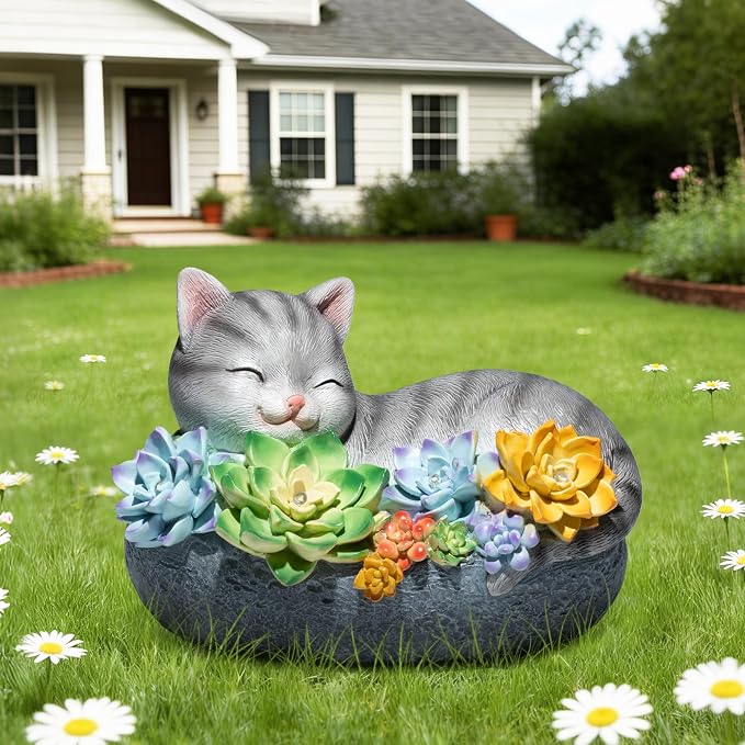 basen Solar Sleeping Cat Outdoor Garden Decor, Resin Cat Figurine with Colorful Succulent Flowers, Solar Powered LED Light, Waterproof Yard Lawn Patio Ornament, Cute Animal Gift for Home Garden