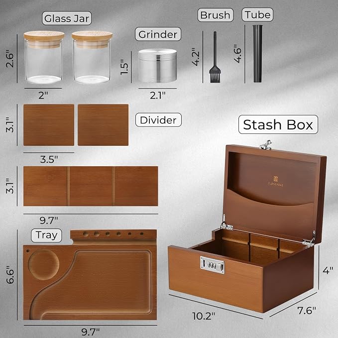 GLENCREAG Stash Box with Rolling Tray, Smell Proof Large Bamboo Storage Box with Lock, Decorative Set Includes Glass Jars & Grinder, Gift for Men Women