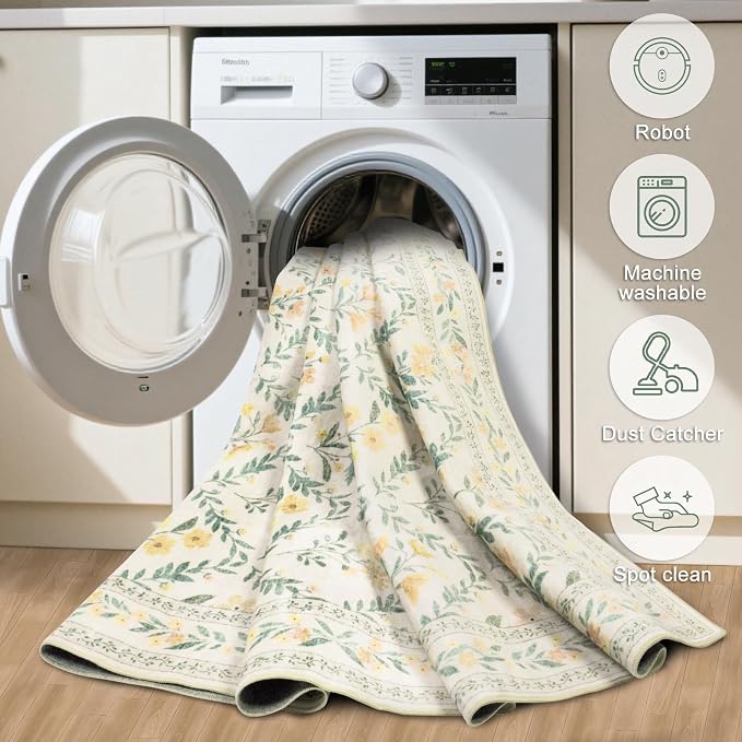 PLHXFR 2.6x8 Washable Runner Rug：Floral Indoor Kitchen Carpet Beige Multi | For Hallway Bedroom Kitchen Laundry Bathroom Dorm,Vintage Floral,Machine washable,Non Slip,Stain Resistant,Indoor Floor