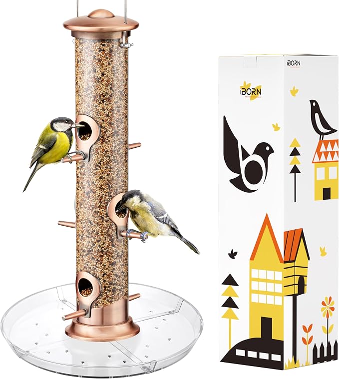iBorn Bird Feeders Seed Catcher for Outside Hanging 6 Port Bird Feeder for Cardinal Birds Aluminium Metal,Brushed Copper Finishing 14 Inch 6 Port (Seed is not Included)