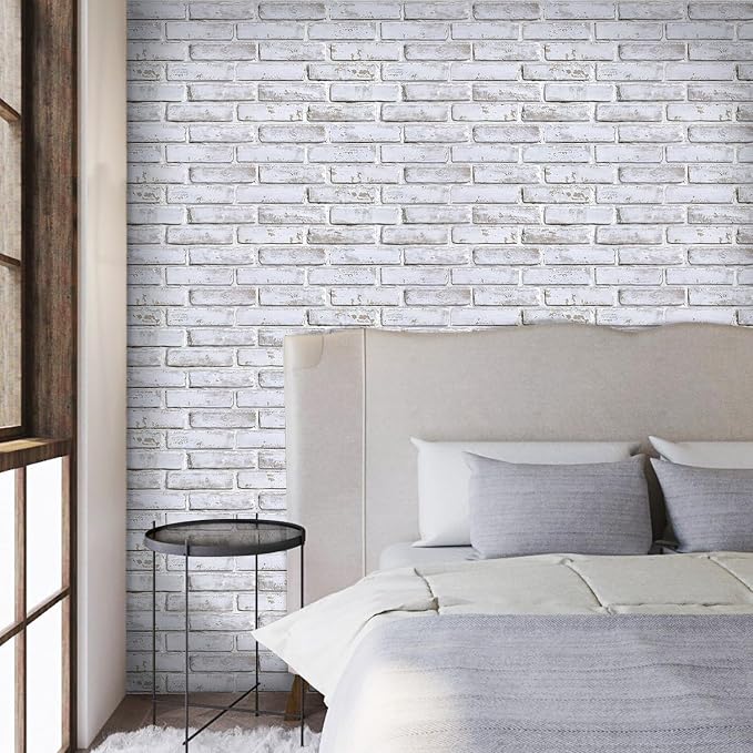 COMSTICKC 3D Whitewash Faux Brick Wall Panel Peel and Stick Wall Covering, 12 Pcs of 22.8" x 11.8", 3D Brick Wall Stickers, UrltraLight PVC Self Adhesive Decorative Tile Interior, Covers 22.48 sq.ft