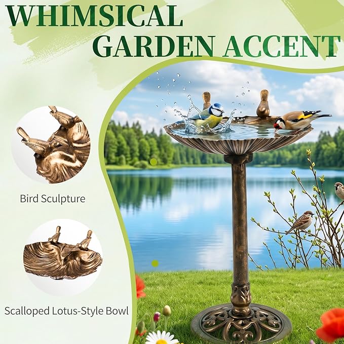 VINGLI Pedestal Bird Bath with Solar Fountain, Solar Pump Resin Birdbaths, Weather Resistant Bird Baths with Ground Stakes, Vintage Finish Garden Decor for Outdoor, Patio, Yard, Lawn (Copper Shell)