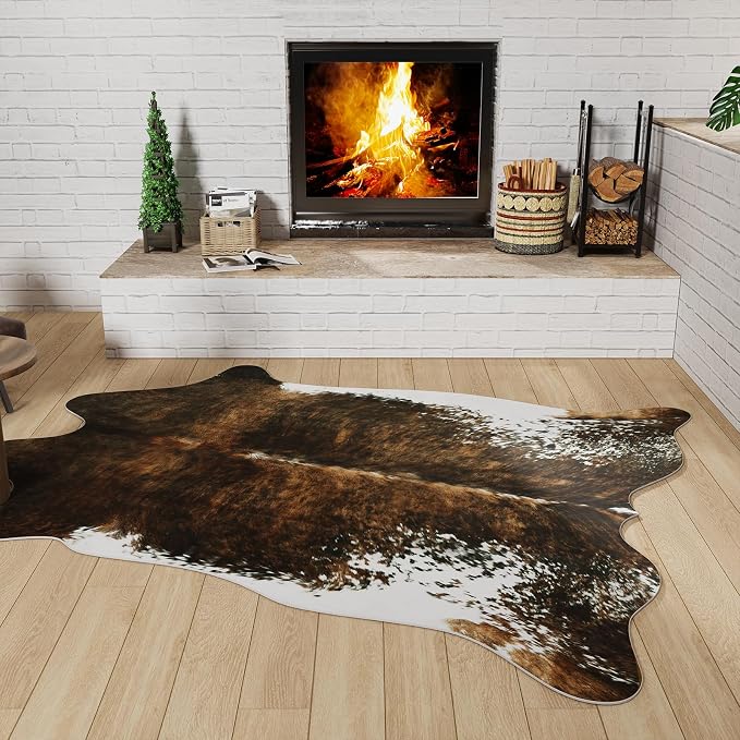 BENRON Faux Cowhide Rug, Cow Print Rug for Living Room Bedroom 5.2x6.2ft | Western cow hide rug for Cowboy Cowgirl Home Decor, Washable Rugs with Irregular Animal Skins and Hides Non Slip, Olive Green