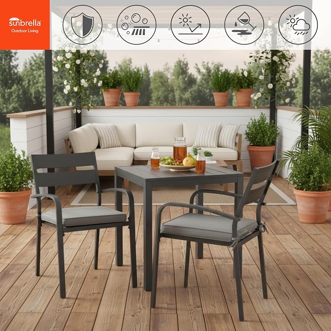 Indoor/Outdoor Chair Pads in Sunbrella Fabric – 17''x17'' Patio Seat Cushions with Foam Insert, Removable Reversible Cover & Ties for Patio Dining Chairs – Set of 2 or 4, Cast Slate