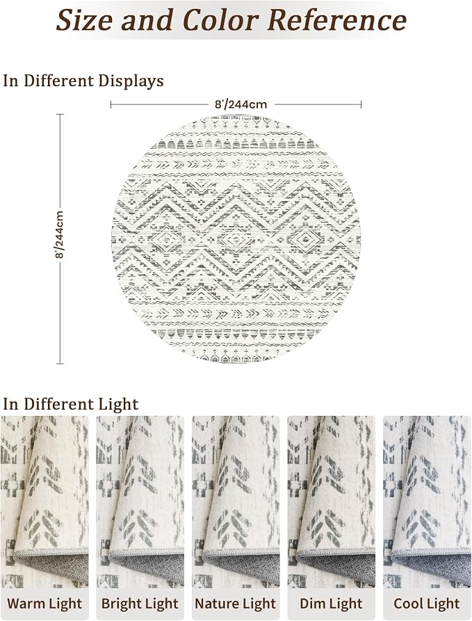 Miukiki Round Rugs 8ft Washable Moroccan Circle Rug for Living Room Grey | Non Slip Indoor Floor Carpet Foldable Area Rug for Dining Room with Low Pile 8ft