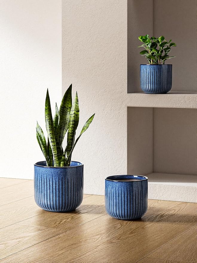LE TAUCI Ceramic Plant Pots, 8.3/7/6 Inch Indoor Planters with Drainage Holes & Mesh, Modern Glossy Glaze Cylinder Fluted Flower Pot for Snake Plant, Set of 3, Harbor Blue