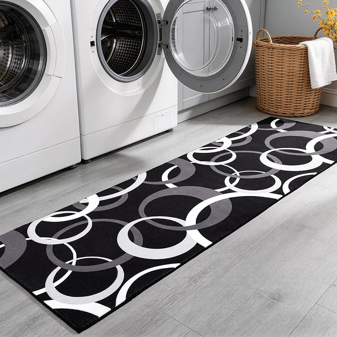 Washable 2x8 Hallway Runner Rug Non Slip, Black and White 8ft Rug Runners for Bathroom Kitchen Non Skid, Geometric Circle Modern Carpet Runner for Entryway Bedroom