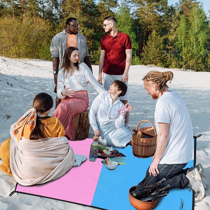 Frelaxy Pocket Picnic Blanket, Waterproof Sandproof Beach Mat, Compact Camping Tarp for Festivals, Hiking, Travel, Outdoor Recreation (Pink & Blue, 57'' x 60'')