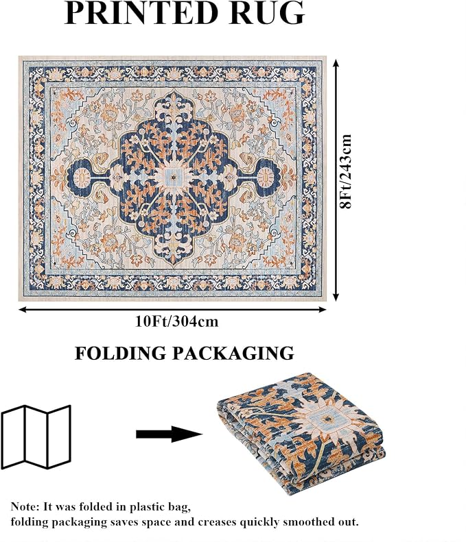 U'Artlines Boho Vintage Area Rug 8x10 Machine Washable Carpet, Orange Blue | Low Pile, Non Slip, Ultra-Thin Soft Floor Carpet, Accent Rug for Living Room Bedroom Entryway Dining Room Office