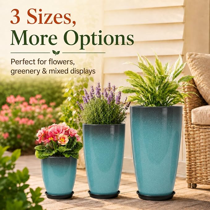 Neoaider Set of 3 Tall Planter, 24/21/12in Large Plastic Planter, Sky Blue | Ceramic-Look, Lightweight, Built-in Drain Hole, Saucers, Tall Outdoor Planter for Porch, Garden, Patio, Balcony