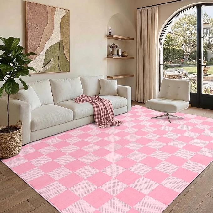 GarveeHome Checkered Pink 4x6 Washable Girls Rug Low-Pile Nursery Bedroom | Pink and White Area Rug for Living Room Girl Room Classroom Non-Slip Soft Stain Resistant Geometric Rugs TPE Backing