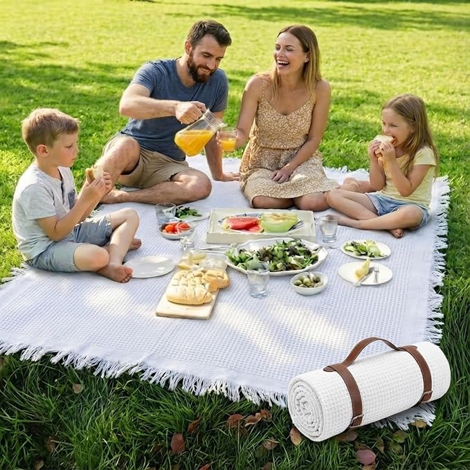 White Picnic Blanket, Extra Large Soft Cotton Gauze Picnic Rug 71"x71", Lightweight Breathable Blanket with Leather Handle, Machine Washable for Beach, Camping, Park, Couples (White)