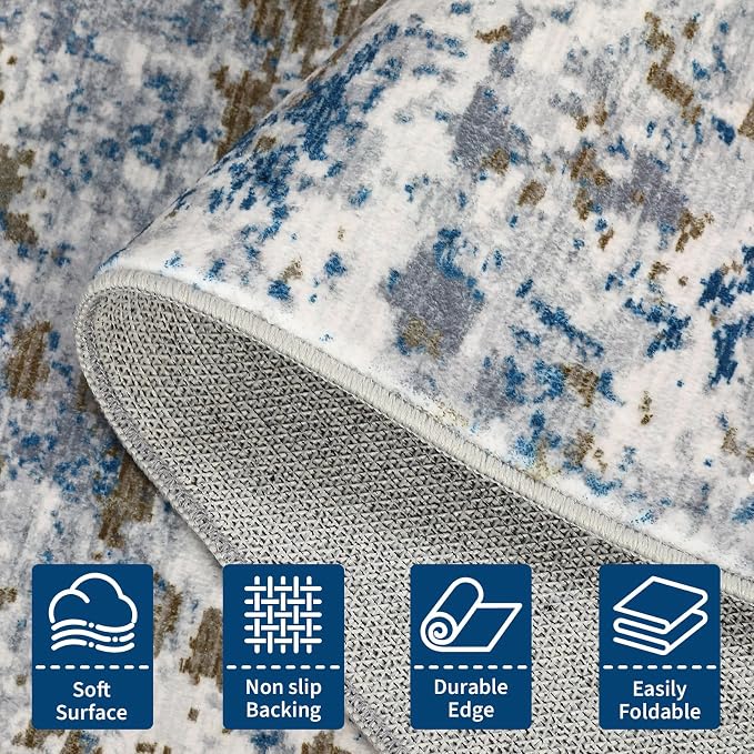 ROYHOME Modern Abstract 8x8 Round Area Rug Non Slip, Navy | Non Shedding Rug Low Pile Stain Resistant for Bedroom Living Room office Dining Room