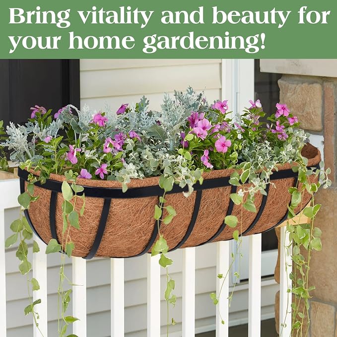 ZeeDix 4 Pack 24 Inch Railing Planter Box, Metal Window Boxes with Coco Liners for Railing, Hanging Flower Boxes for Deck Porch Balcony & Fence Outdoor Indoor Lawn