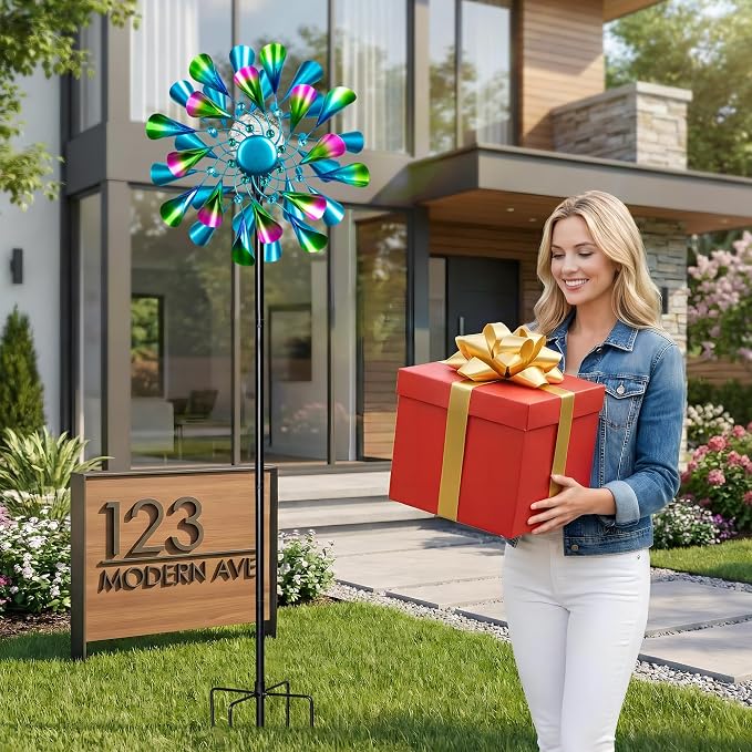 60'' Wind Spinner with Color Glass Ball Solar Lights, Green Peacock Feathers Metal Garden Outdoor Decor Yard Lawn Art Decor for Patio Kinetic Windmills Unique Gifts for Friends and Family