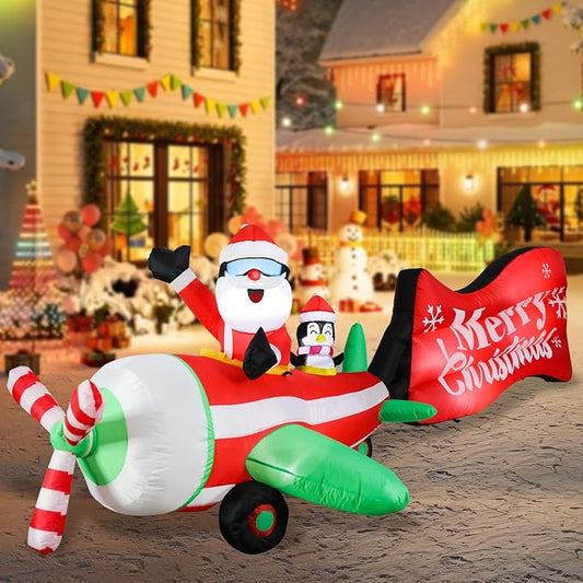 MUMTOP Christmas Inflatable Outdoor Decoration - 10FT Inflatable Santa and Penguin on Animated Helicopter with Rotating Propeller and Merry Christmas Banner Blow Up Inflatables for Garden Yard Decor