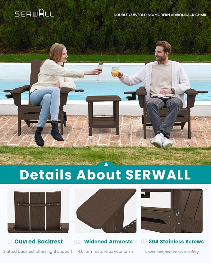 SERWALL Modern Folding Adirondack Chair Set with 9 Ft Umbrella, Folable Adirondack Chairs Set of 2 with Cup Holders, HDPE Fire Pit Chairs for Patio Lawn Garden, Coffee (Umbrella Base is not Included)