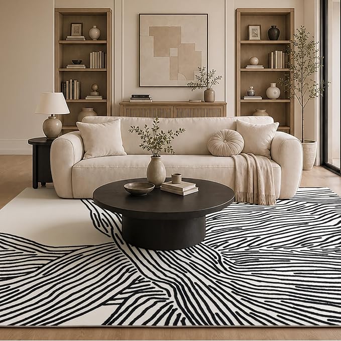 8×10 Ft Washable Rug, Black and White Abstract Area Rug for Bedroom Living Room Dining Room Office Playroom Nursery, Ultra Thin Nonslip Modern Large Rugs Soft Contemporary Striped Rugs | Black and Cream White Modern Striped Rug, Soft Low Pile with Non-...