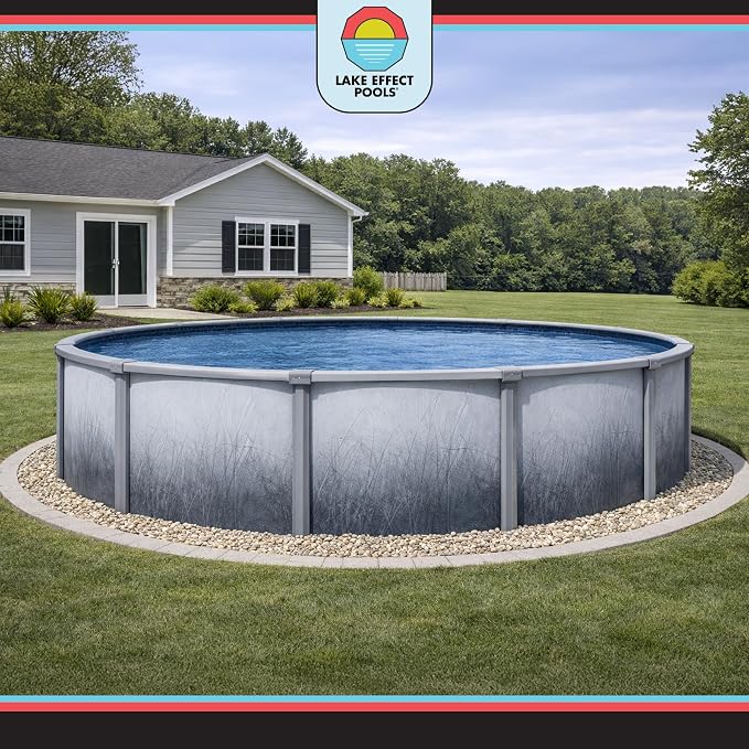 Lake Effect Pools 'Bermuda' 12 ft Round Above Ground Swimming Pool | 48 Inch Walls | 6" Steel Top Ledge | Bundle Includes: 25 Gauge Overlap Liner & Widemouth Skimmer