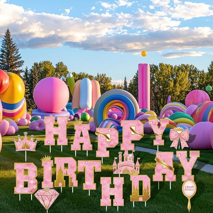 Menkxi 18 Pcs Happy Birthday Yard Signs with Stakes Decorations Themed Party Decorations Ball Birthday Outdoor Lawn Signs for Outdoor Sport Party Supplies (Pink)
