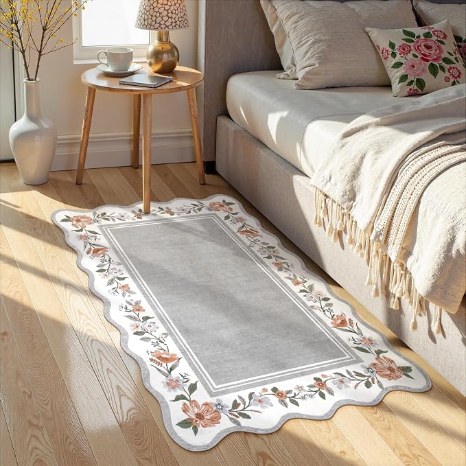 Lahome Floral Entryway Rug 2x3, Non-Slip Scalloped Kitchen Rug | Ultra-Thin Washable Door Mat Indoor Entrance Stain Resistant, Boho Throw Rugs for Bathroom Bedroom Ariele Grey