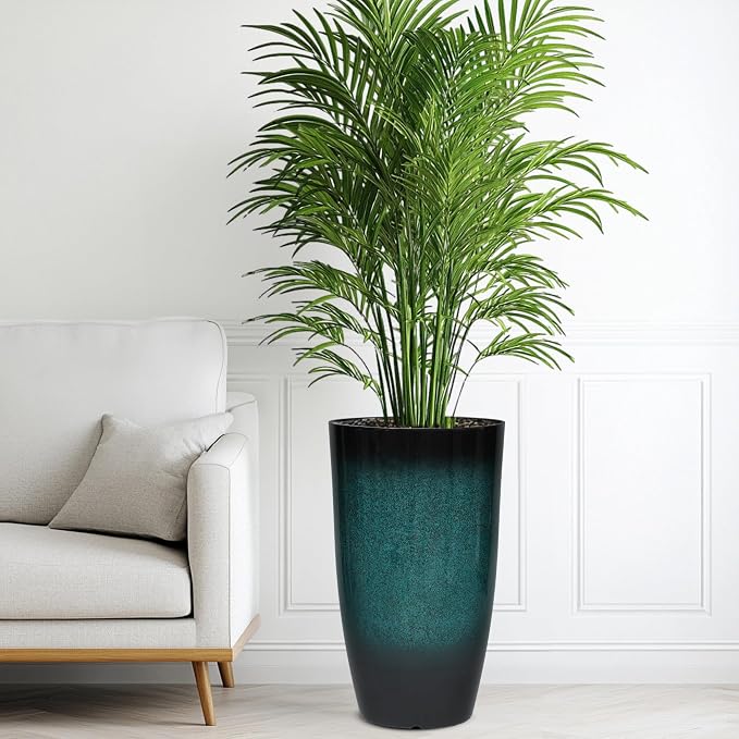 Autodaya 23.8" Tall Outdoor Planters Set of 2, Ceramic-Look Large Plastic Flower Pots with Drainage Holes, Gradient Turquoise Indoor Outdoor Plant Pots for Porch Patio Balcony Garden Home Decor