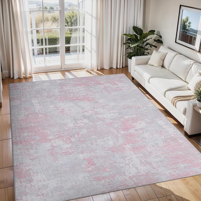 ROYHOME Modern Abstract Area Rug 6x9 Non Slip Non Shedding Rug Low Pile Stain Resistant for Bedroom Living Room,Grey Pink