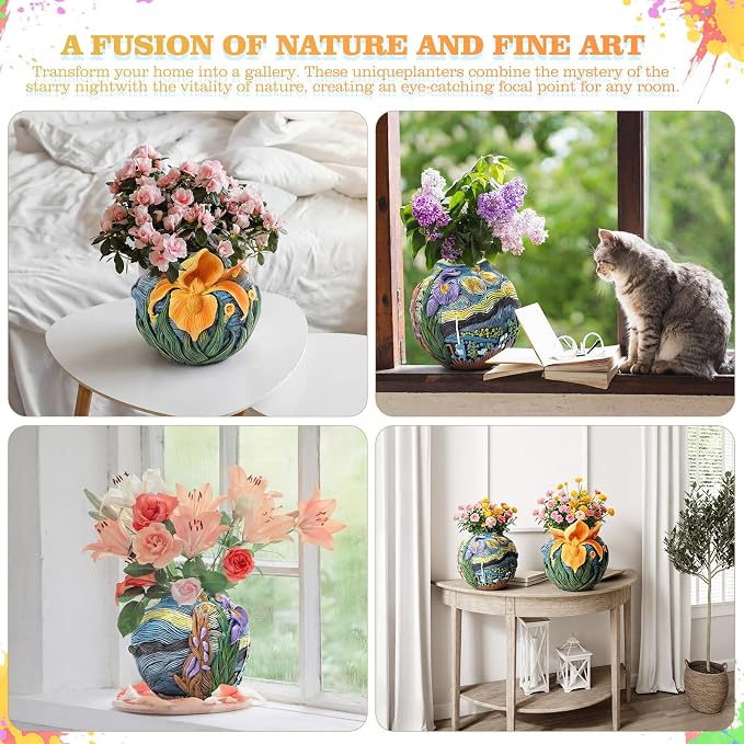 2 Pack Starry Night Planter Flower Plant Pots with Drainage Hole Cute Starry Sky Colorful Plant Pots Resin Decorative Planters for Indoor Outdoor Home Garden Art Floral Theme