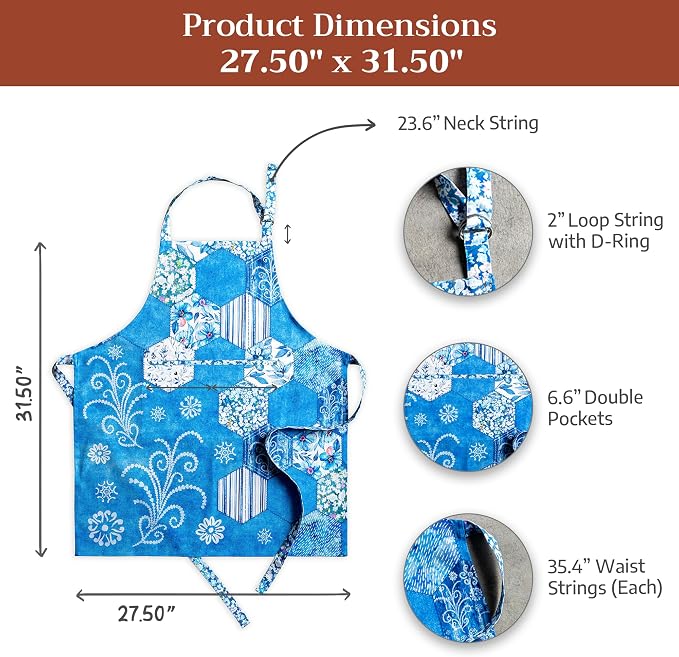 Maison d' Hermine Aprons for women with Pocket 100% Cotton (27.50"x31.50") | Adjustable Neck Strap & long ties Apron Men Chef Wedding Cooking Gardening Server Maid