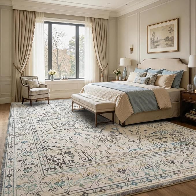 Vintage Washable Area Rug 8x10, Non-Slip Low-Pile Farmhouse Persian Carpet for Living Room Dining Room Bedroom, Stain Resistant Traditional Indoor Rug, Neutral Cream Blue